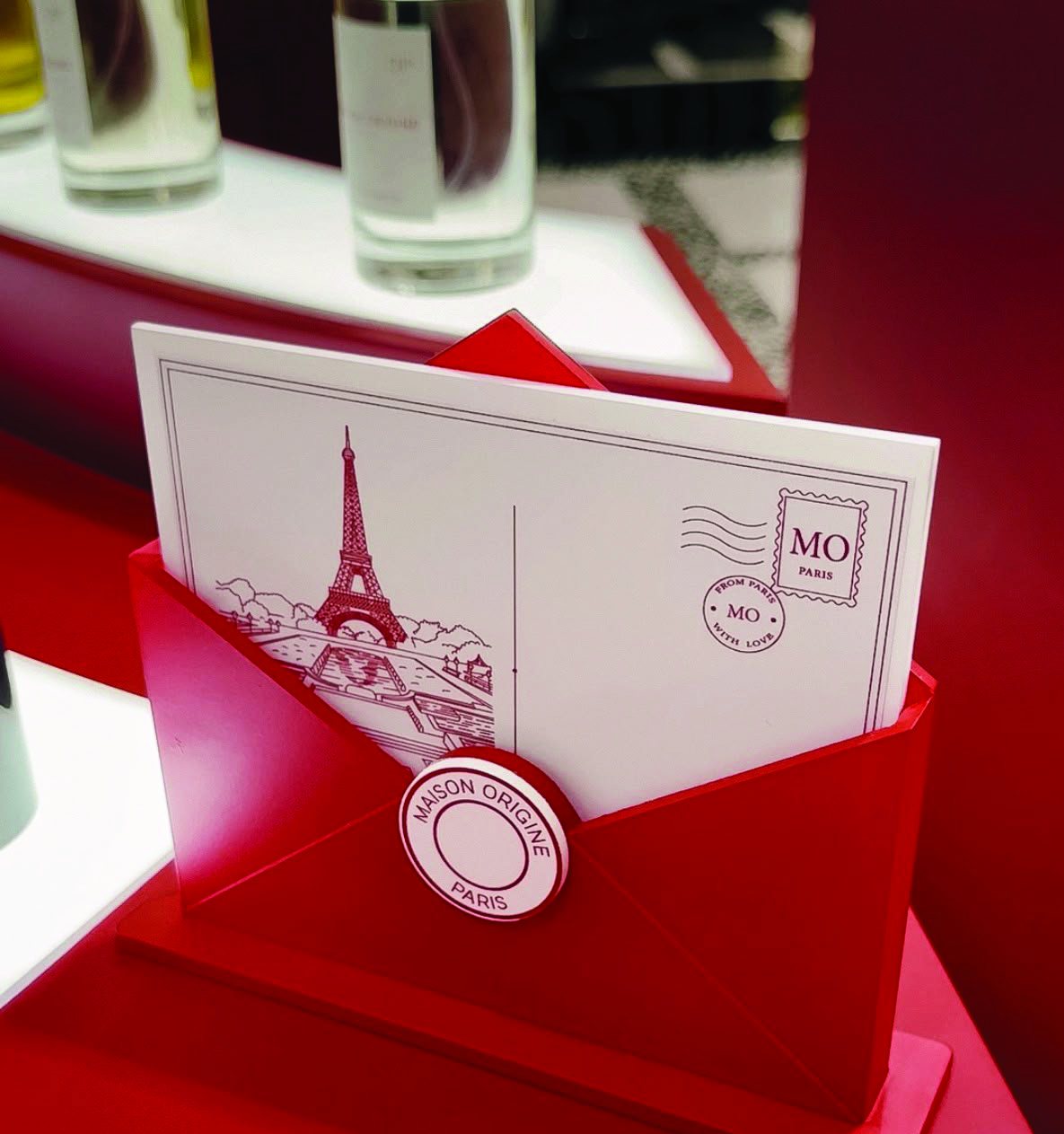 Detail of a Maison Origine display with Paris-inspired print